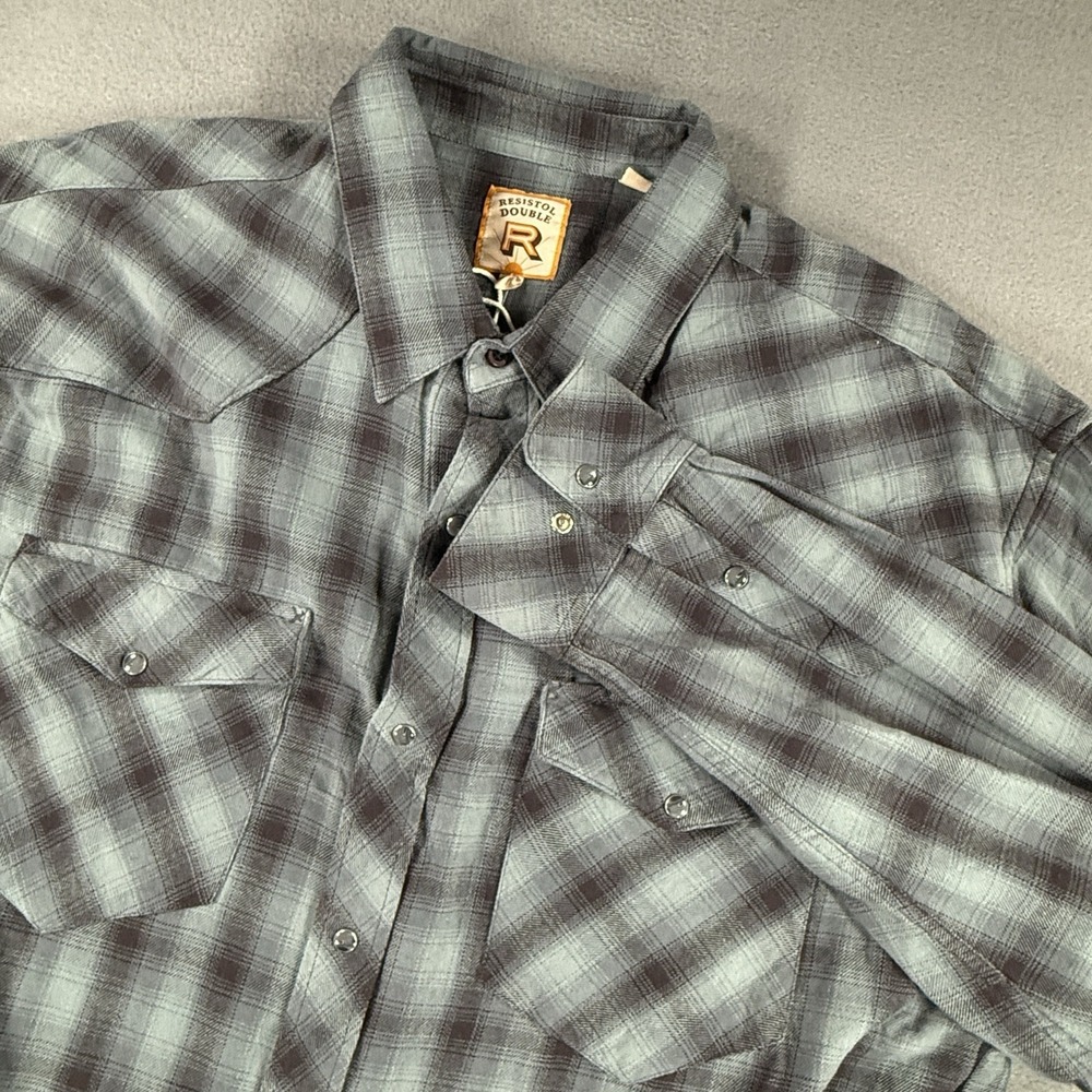 New Resistol Double R Pearl Snap Flannel Men's 3XL Gray Blue Plaid Western Shirt